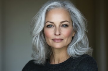 Naklejka premium A beautiful mature woman with gray hair looking at the camera