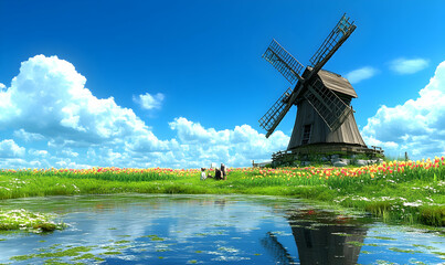 Naklejka premium Idyllic spring scene featuring a picturesque windmill, vibrant tulips, and a tranquil pond under a bright blue sky; perfect for travel, tourism, and idyllic lifestyle imagery.