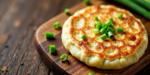 Golden-Brown Flatbread Topped with Fresh Green Onions on Wooden Board