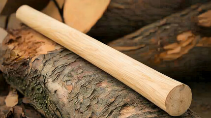 Smooth wooden dowel resting on logs, firewood background; crafting, woodworking image