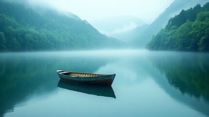 A Tranquil Rowboat Resting on a Foggy Mountain Lake Surrounded by lush forests