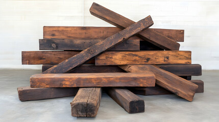 Stacked weathered wooden beams, industrial setting, grey floor, possible art installation or construction material