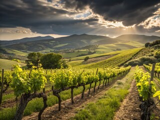 Fototapeta premium Spanish Vineyard Spring Blossoms: Lush Green Landscape, Rolling Hills, Sunlit Grapes
