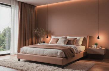 the interior of the room is in a minimalist style in the color of the year mocha mousse. the trending color in the fashion industry	