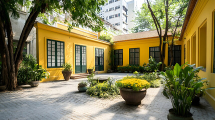 Sunlit yellow building courtyard garden peaceful oasis urban escape