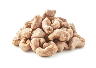 Fototapeta premium A close-up shot of a pile of raw cashew nuts on a white background. Perfect for food-related designs, healthy lifestyle concepts, and culinary presentations.