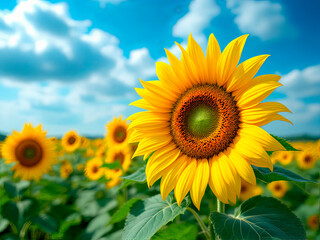 Fototapeta premium landscape large field with sunflowers.