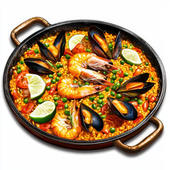 Delicious seafood paella with shrimp, mussels, and vibrant vegetables