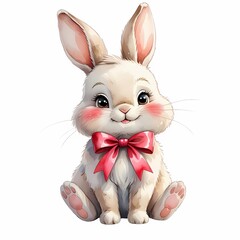 Watercolor lovely bunny with red bow on white background. Celebration poster, greeting card for Valentines day, Easter.	
