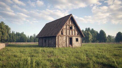 Obraz premium Stone house in a green field under a blue sky.
