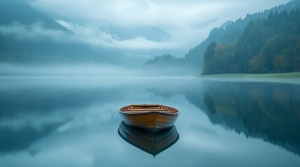 Wooden boat gently rests on a tranquil lake surrounded by misty mountains, reflecting nature's serene beauty in a hushed dawn.