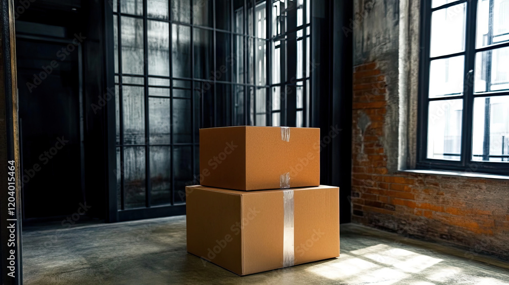 Poster brown boxes stacked in a modern industrial space with large windows and rustic walls