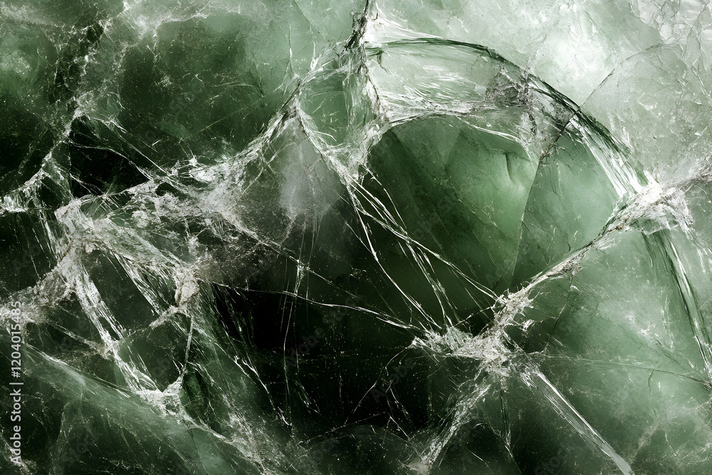 Poster abstract close-up of fractured dark green gemstone, showcasing intricate crack patterns and textures