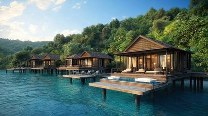 Obraz premium A resort with overwater bungalows in a turquoise sea creates a luxurious and idyllic tropical getaway scene with a sense of peacefulness and relaxation.