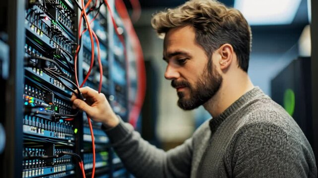Focused IT Specialist: A concentrated young man with a beard meticulously works on server rack cabling, showcasing dedication and expertise in data center operations. 