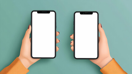 Two hands holding smartphones with blank screens, teal background. Mockup for app presentation
