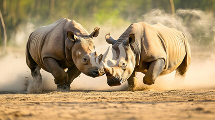Fototapeta premium Two rhinos fighting in African savanna; dust flies; wildlife battle; nature conservation