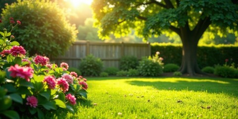 Fototapeta premium Golden Hour Garden Bloom Vibrant Pink Flowers and Lush Green Lawn