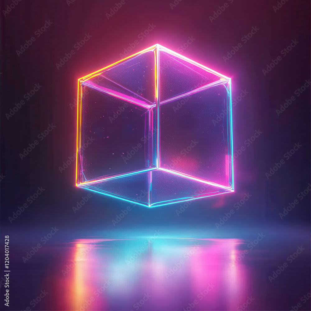Aufkleber vibrant 3d holographic cube floating above a reflective surface in multicolored glows