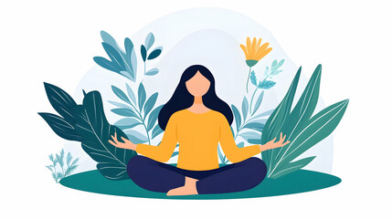 Woman meditating outdoors amidst lush foliage; serenity, mindfulness, wellness; ideal for health, wellness websites