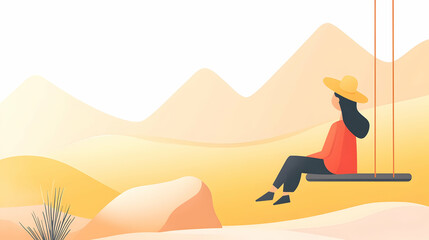 Woman on swing, desert landscape, sunset view, peaceful relaxation, travel illustration