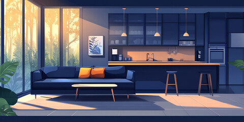 Modern Living Room with Red Couch and Black Coffee Table