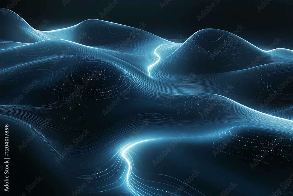 Poster abstract glowing digital waves and futuristic data flow with neon lights on a dark background