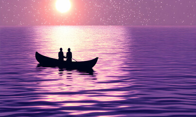 Fototapeta premium Romantic couple silhouetted in a small boat at sunset, on a calm purple sea under a starry sky. A serene and peaceful scene.
