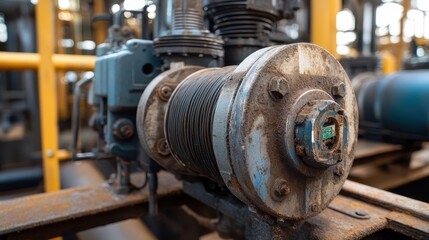 Close-up of electric motor components, focusing on rugged metal and wiring in a petrochemical environment.