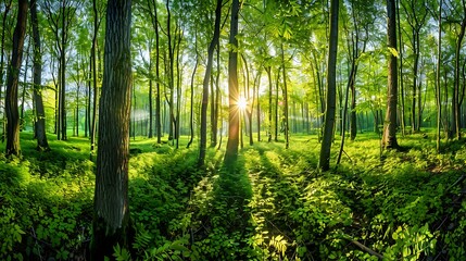 Fototapeta premium Sunrise in the green forest at spring time. Natural landscape.