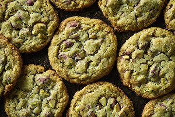 Fototapeta premium Freshly baked pistachio cookies arranged in a creative pattern on a dark surface