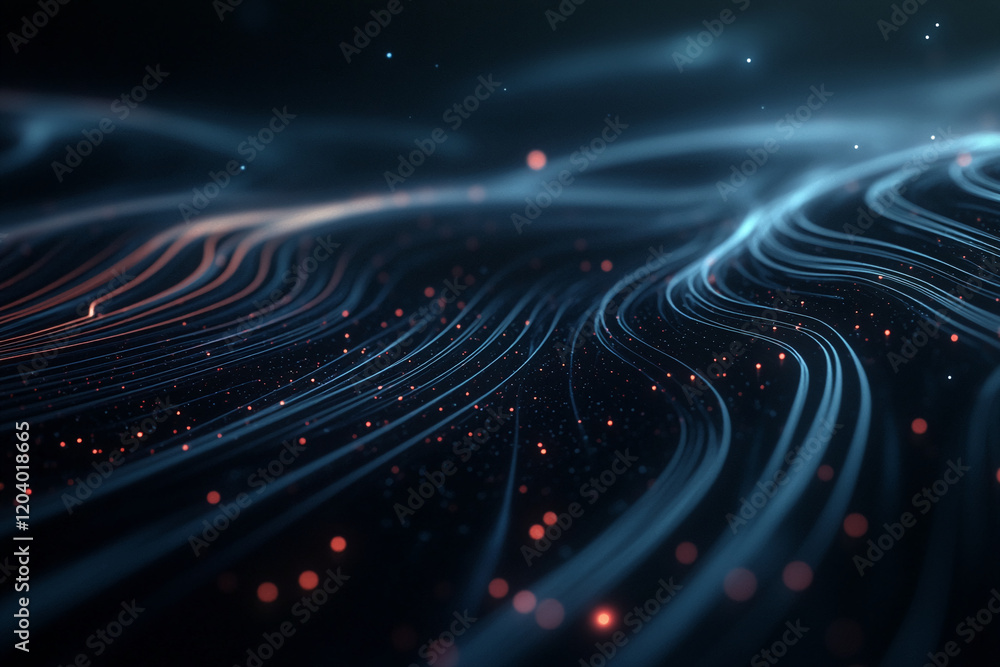 Poster Abstract glowing neon lines and particles in a dark space creating dynamic movement