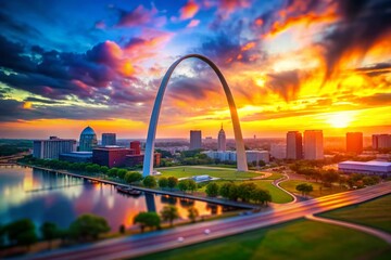 St. Louis Arch Miniature, Dramatic Sunset Sky, Tilt-Shift Photography