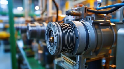 Fototapeta premium Close-up view of electric motor wiring and components, showcasing metal parts within a petrochemical plant.