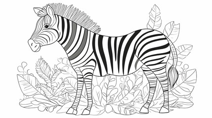 Zebra in tropical foliage, coloring page, nature background, for kids activities