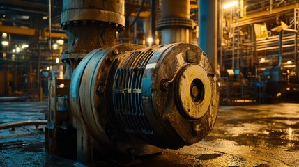 Close-up of electric motor in a petrochemical environment, showcasing rugged metal housing and wiring details.