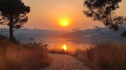 Serene sunset over a tranquil lake, framed by tall grass and silhouettes of trees
