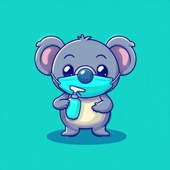Fototapeta premium Koala wearing mask, holding sanitizer, teal background, hygiene illustration