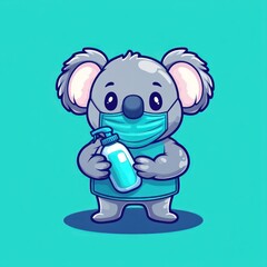 Koala wearing mask holds sanitizer; teal background; hygiene awareness campaign