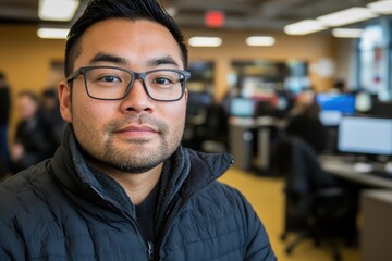 Obraz premium Portrait of a man in glasses, in an office setting. He looks directly at the camera with a neutral expression.