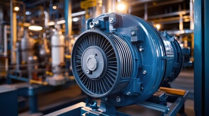 Fototapeta premium Close-up of an electric motor in operation, featuring robust design and electrical components in petrochemical plant.