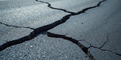 Obraz premium Close-up view of cracked dark gray paving stones with fine granular texture