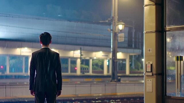 a japanese man in office dress, standing waiting for the train arrive at train station at night, no other people, rain. camera shooting from behind a little far and a little bit down position,