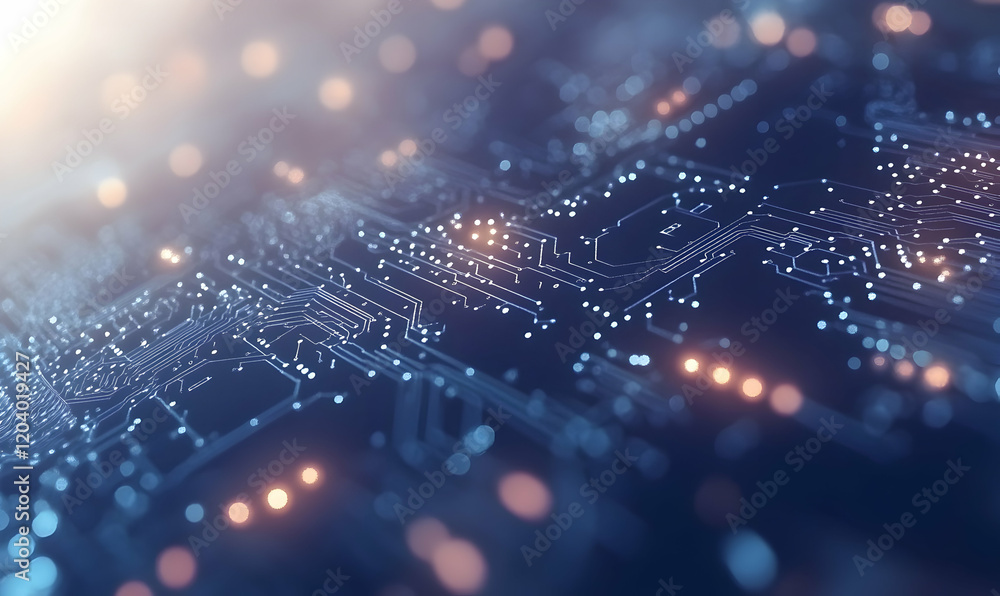 Poster abstract close-up of a circuit board, showcasing intricate technological details with glowing highli