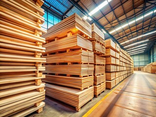 Obraz premium Stacked Wood Panels in Warehouse - Ready for Construction Projects
