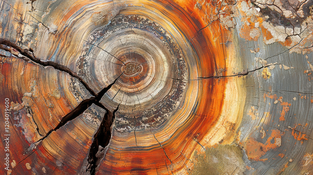 Poster abstract wood grain patterns in cross section of a tree trunk showcasing rich colors and textures