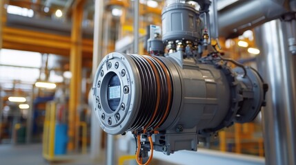 Fototapeta premium Close-up of electric motor, focusing on robust design and electrical connections in a petrochemical plant.