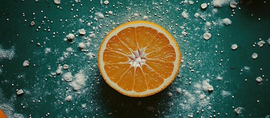 Orange Slice on Teal Surface with White Grains