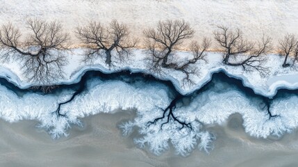 Aerial View of Winter Trees and Frozen River