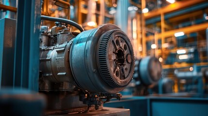 Fototapeta premium Industrial electric motor detail, showcasing metal casing and intricate wiring in petrochemical plant.